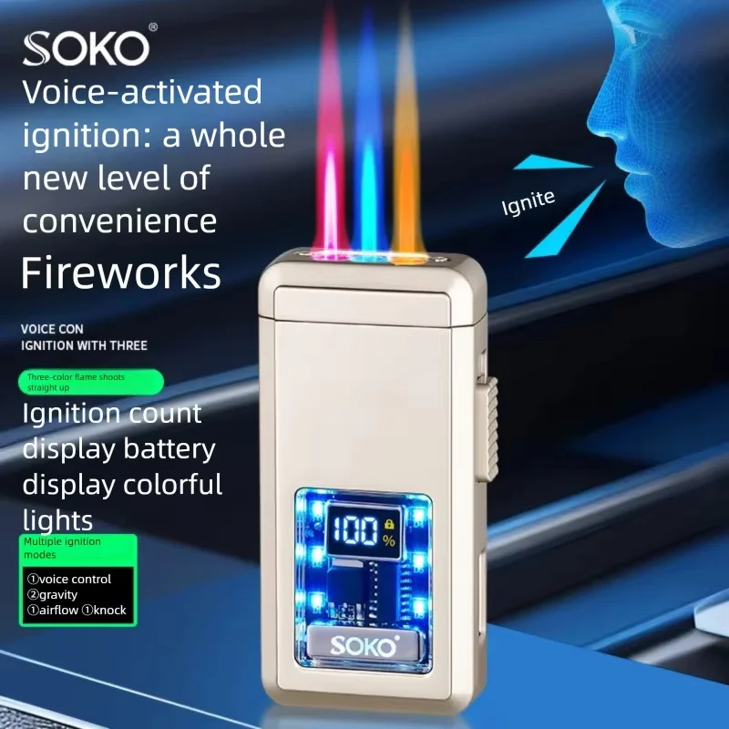Trendy High Beauty Gas Electric Direct Charge Three Flame Lighter Color Flame Gravity Induction Ignition Lighter Wholesale