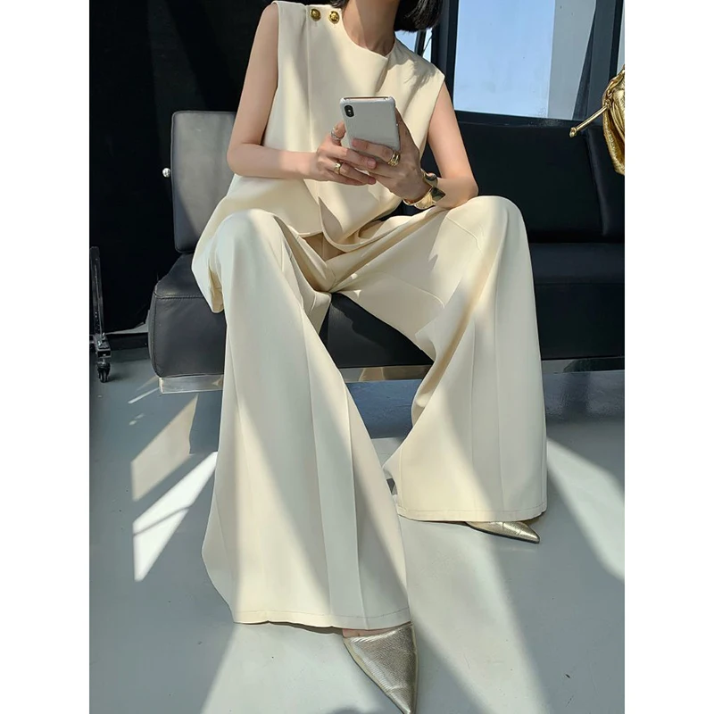 Deconstructed Sleeveless Vest Suit Set Women Summer Elegant Asymmetric Vest Wrinkle Resistant Avant Garde Office 2Piece Set