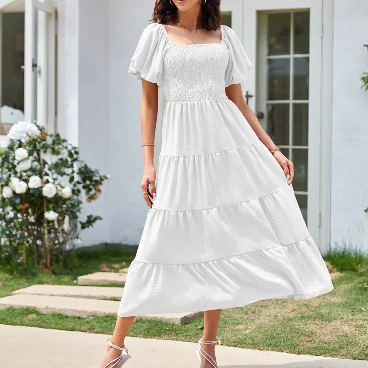 Women's Elegant Dress Solid Colour Square Neck Backless Bubble Sleeve Pleated Short Sleeve Dresses Fashion All-match Date Dress image 4