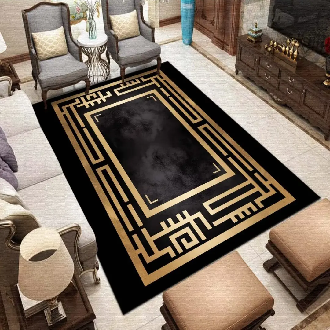 European Style Carpet Living Room Luxury Gold Black Decoration Home Old Design Large Rugs for Bedroom Washable Mat for Floor