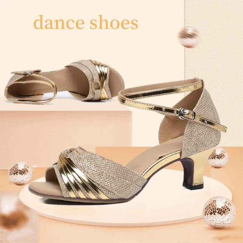 Glitter Women Latin Dance Shoes Toeless Ballroom Salsa Tango Practice Low heels 3.5/5.5cm Adult Party Lace Up Dance Shoes Gold