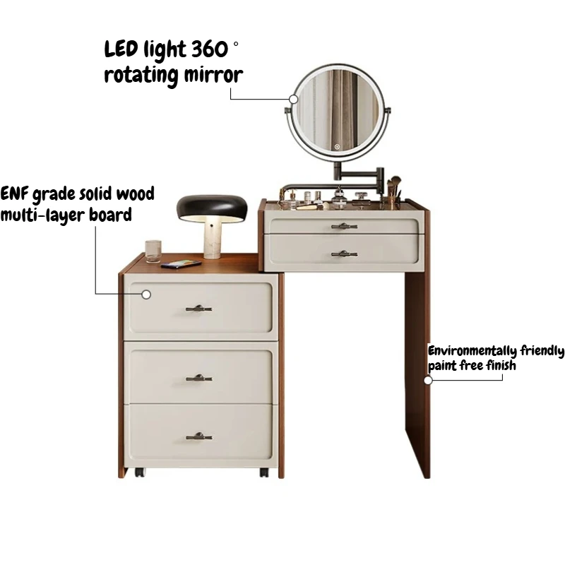 Mid Century Dressing Table With LED Round Wood Makeup Nordic Vanity 50cm Desk Storage Tocador De Maquillaje Bedroom Furniture