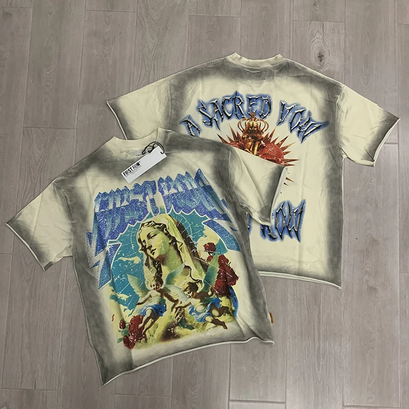 

2026ss FIRST ROW T-Shirts Hot Drill Letters Mens High Quality Short Sleeves Black Washed American Streetwear Tee