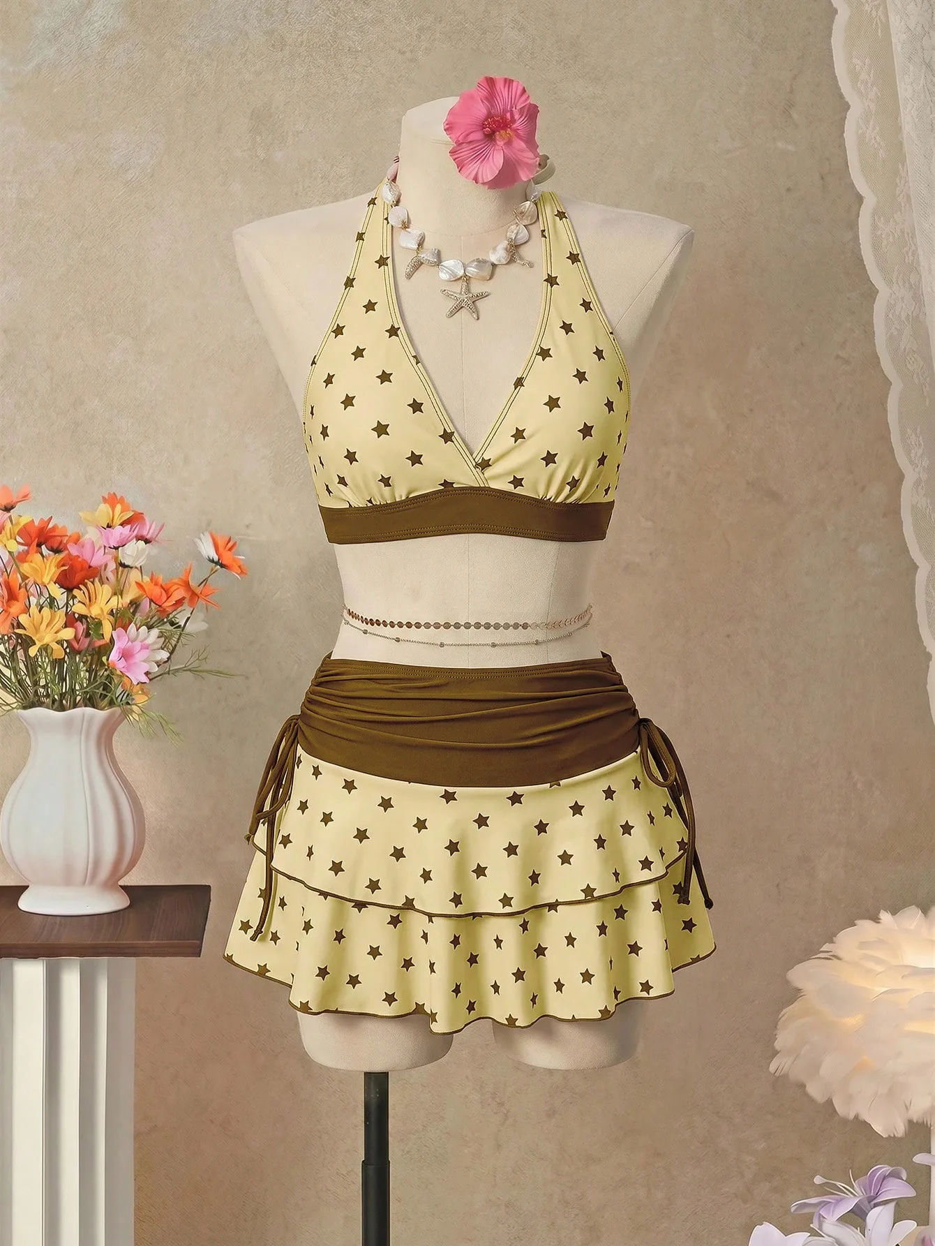 sexy yellow coffee patchwork star print vest bikinis sets three pieces with drawstring mini skirt swimsuit bathing suit swimwear
