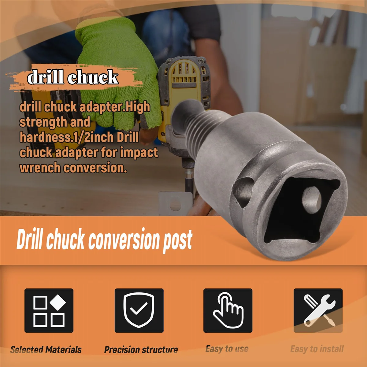 ABJS 1/2inch Drill Chuck Adaptor For Impact Wrench Conversion 1/2-20Unf With 1 Pc Screw