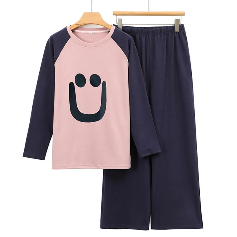 Casual Korean Autumn Winter New Contrasting Color Sleepwear Set Women Loose Two-piece Pajamas Hot Fleece Warm Home Clothing