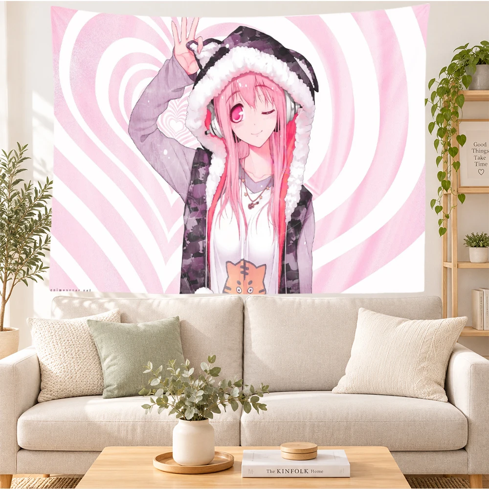 Cute Anime Girl Tapestry Wall Hanging Pink Hair Headphones Cat Hoodie Heart Spiral Art Bedroom Dorm Home Decor Fans Gift