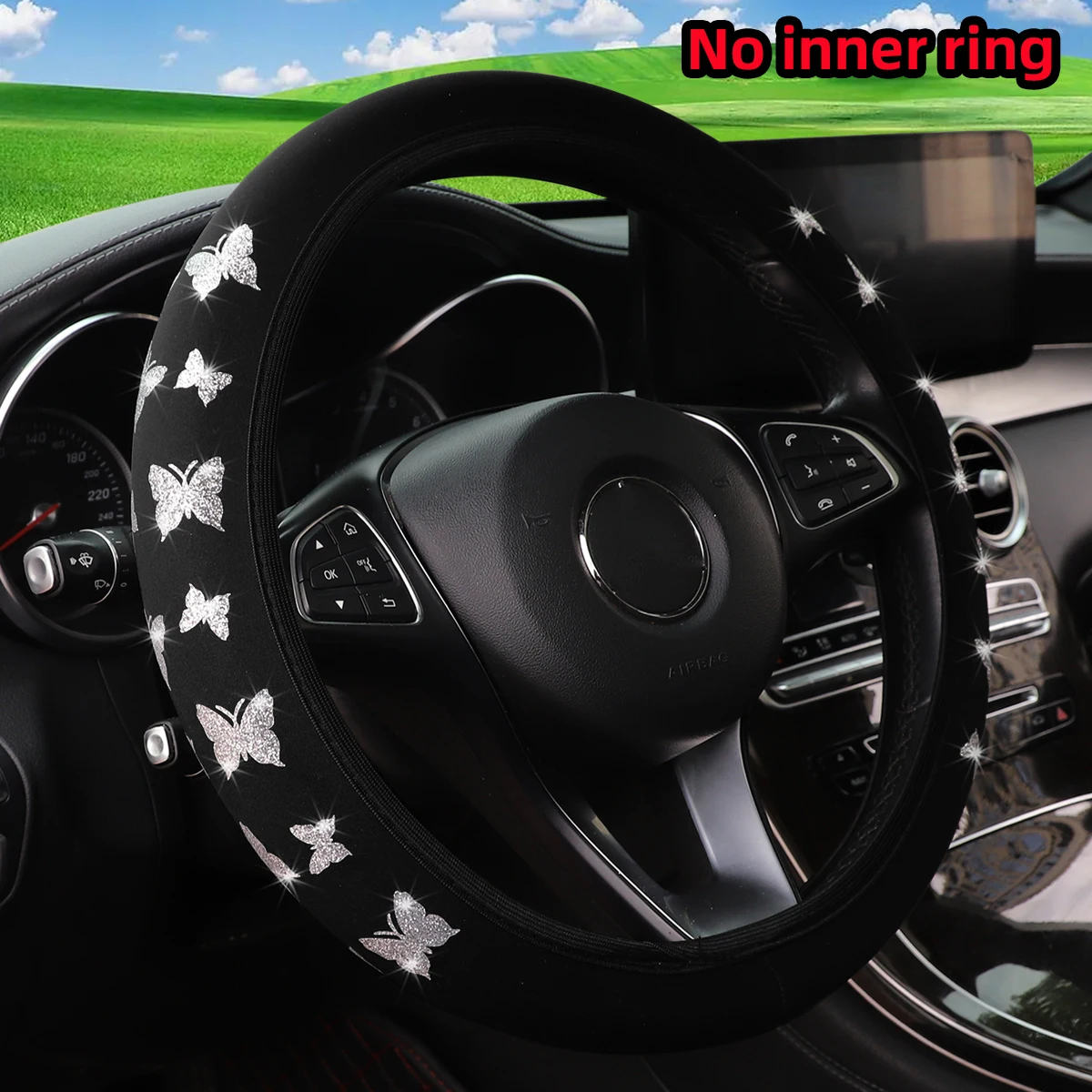 1 Glitter Butterfly Blingbling Fabric Waterproof Non-slip Steering Wheel Cover Fits 14.5-15 Inches