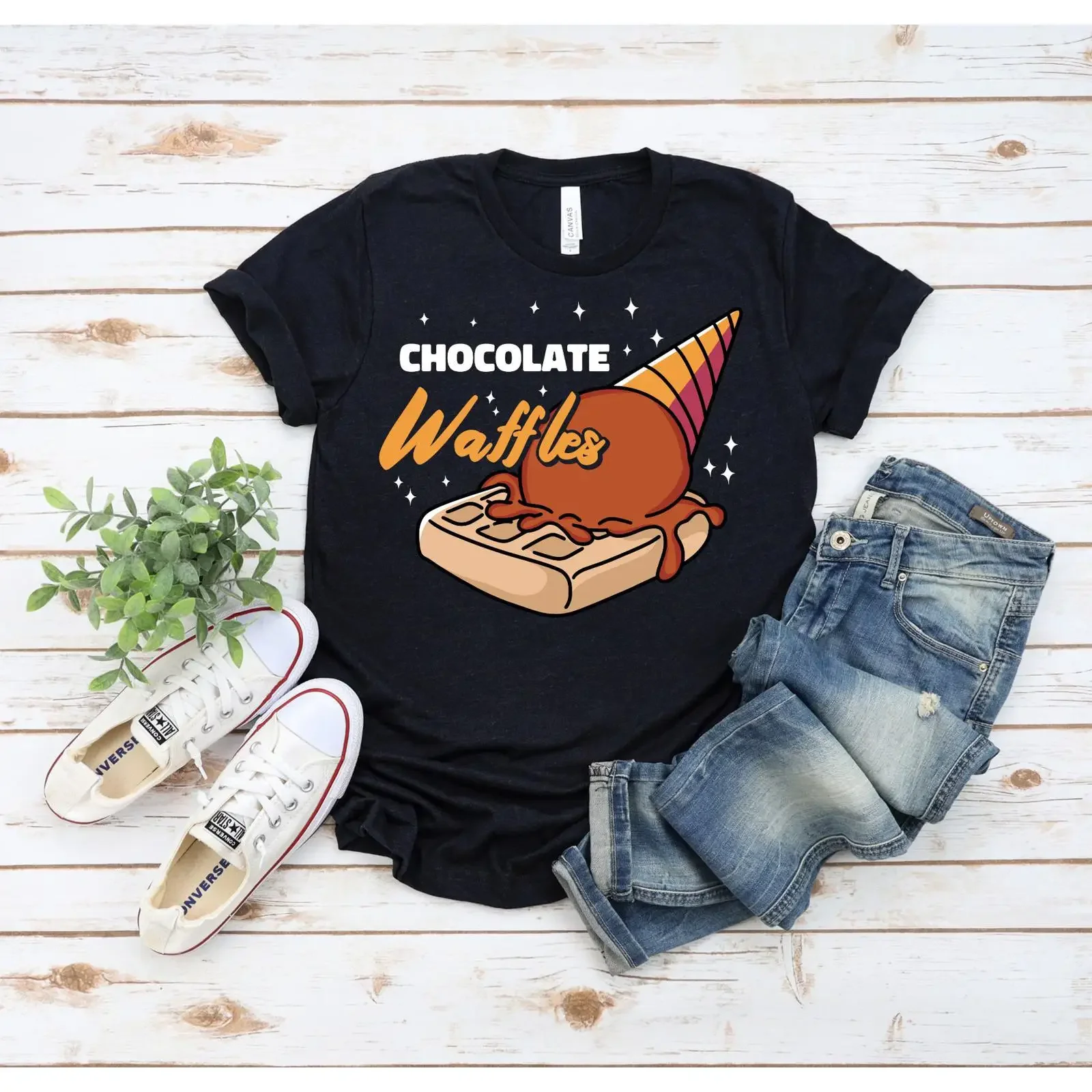 Waffles And Chocolate Ice Cream T Shirt Sweet Dessert Lover Funny Foodie For Snack Fans vintage Washed fashion Slightly
