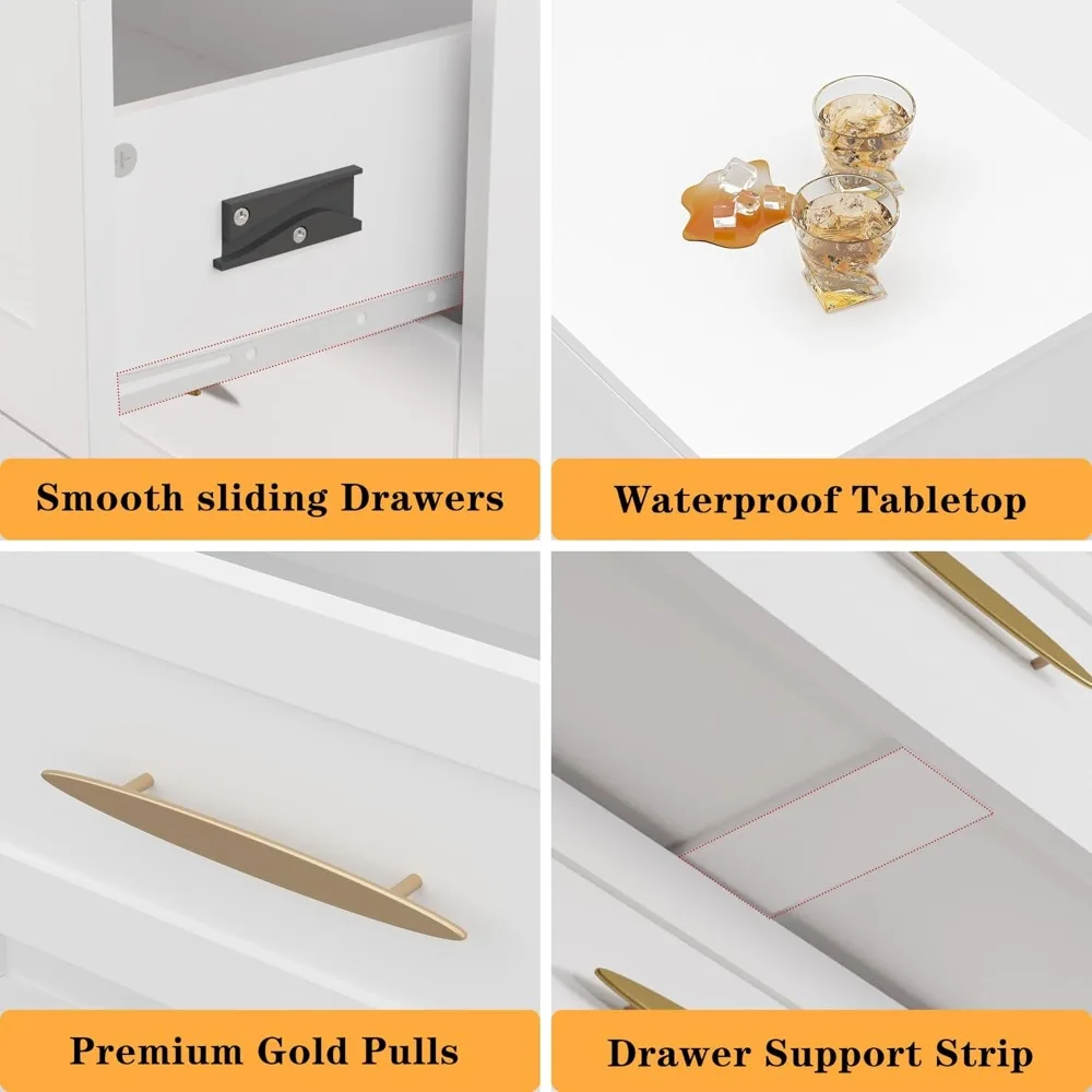 6 Drawer Dresser White and Gold, Tall Dresser for Bedroom, Wood Storage Cabinet, Storage Solution for Entryway and Hallway