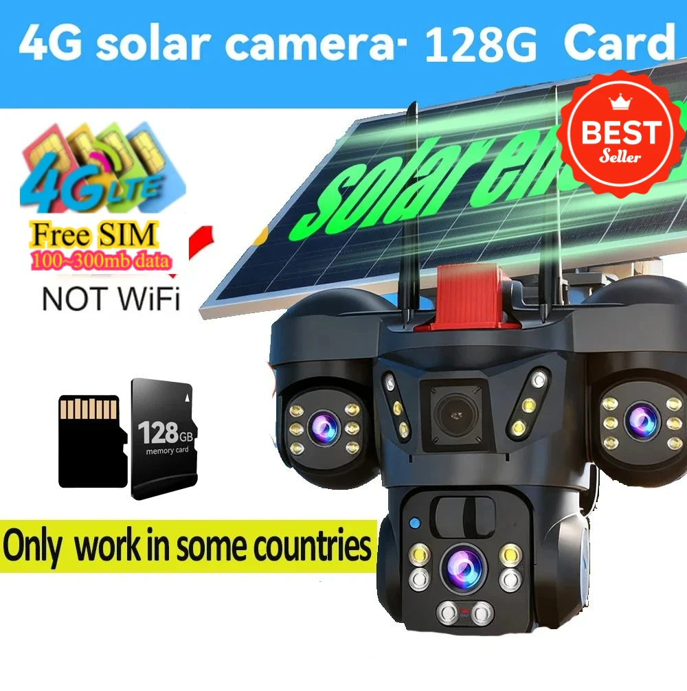 8K 15MP Draadloze WiFi Solar Camera Drie Lens Drie Scherm 4G Sim-kaart Solar Cam Menselijke detectie Outdoor Solar Surveillance V380 Zonne-energie Bewakingscamera Buiten, Solar CCTV Camera met