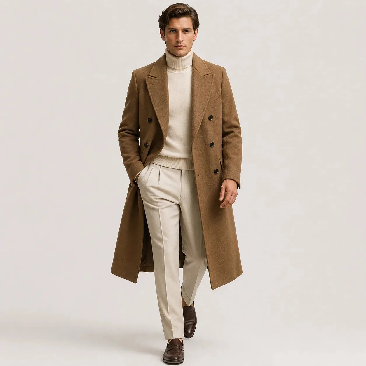 Luxury Camel Wool Men's Coat Double Breasted Trench Coat Party Prom Customized Formal Long Overcoat E26280