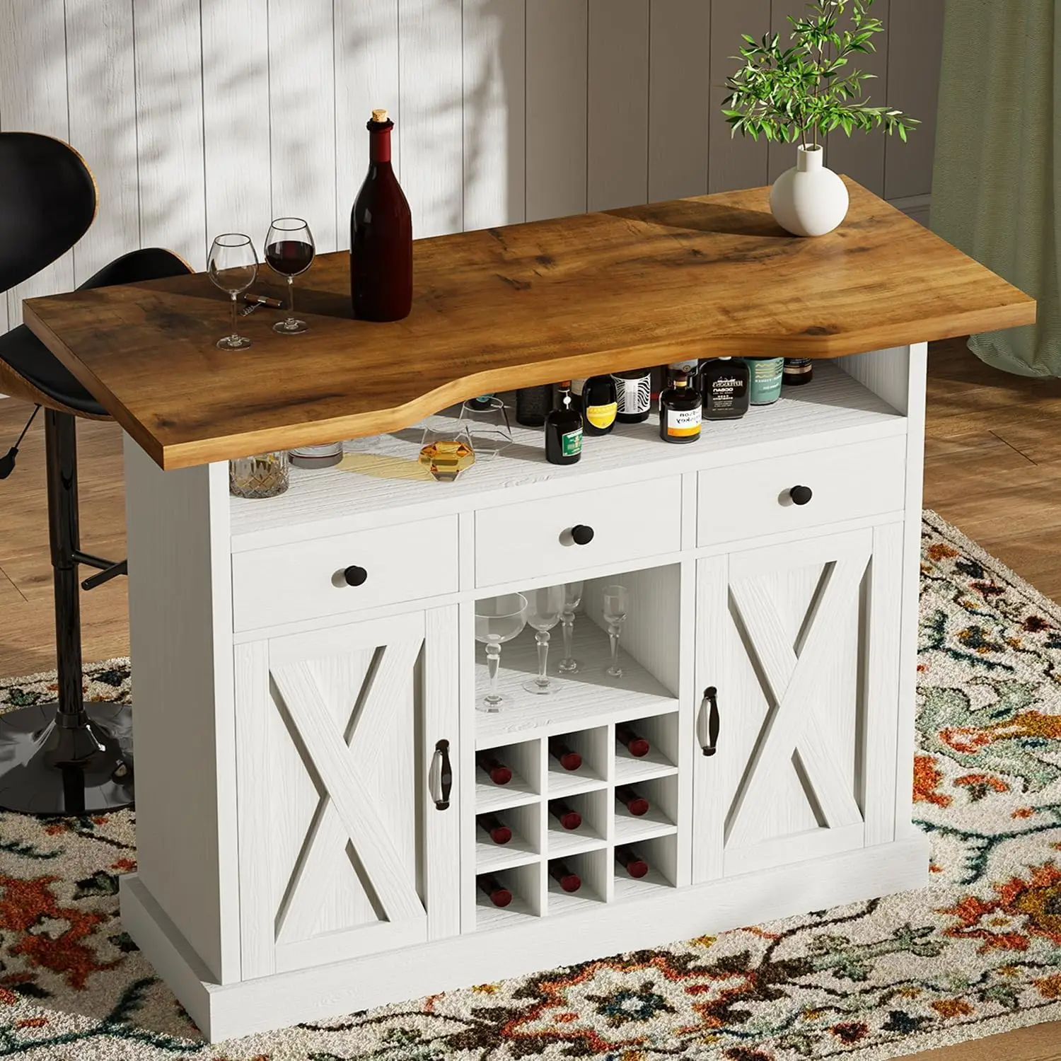 52 Inch Bar Cabinet with 4-Tier Storage, Footrest, 3 Drawers, 9 Wine Rack & 2 Barn Doors for Living Room, White, Customized