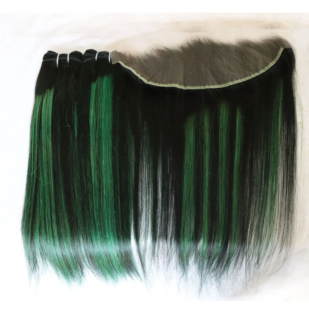 الجملة لحمة شعر بشري هندي و 4x4 5x5 13x4 13x6 الدانتيل إغلاق أمامي عذراء ريمي تسليط الضوء على البيانو اللون 1B الأخضر كامل الرأس