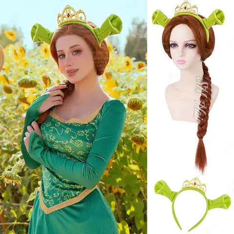Synthetic Braided Reddish Brown Wig+Ogre Green Ears Headband with Princess Crown,Fiona Costume Wig for Cosplay Halloween Party