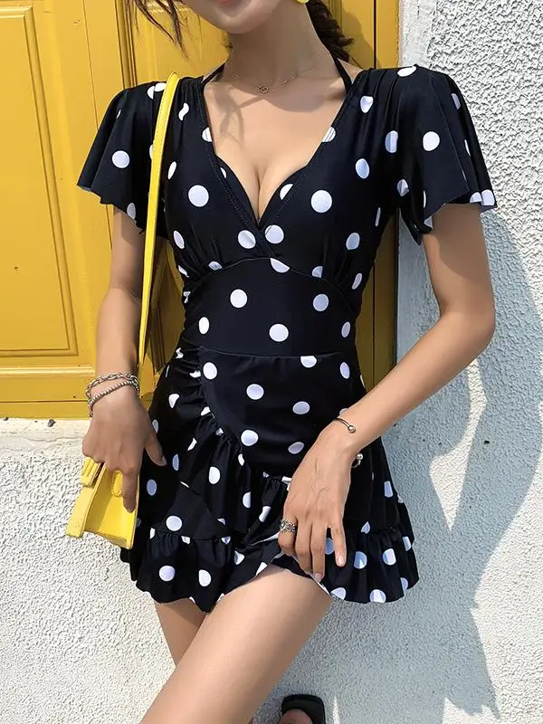 

Новый женский купальник больших размеров для термальных источников, сексуальный, с юбкой, утягивающий, скрывающий живот, в горошек, с эффектом лифтинга груди