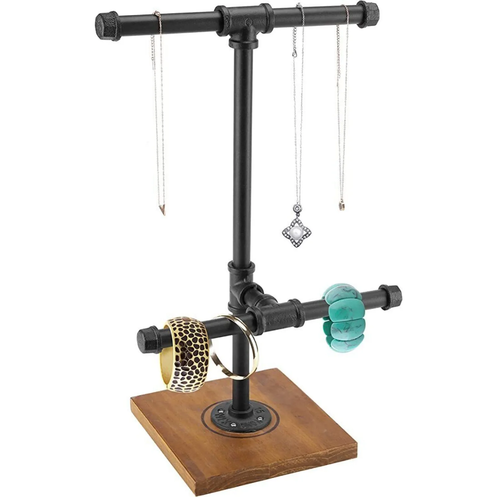 2-Tier Industrial Black Pipe T-Bar Jewelry Organizer Stand with Burnt Wood Base United States