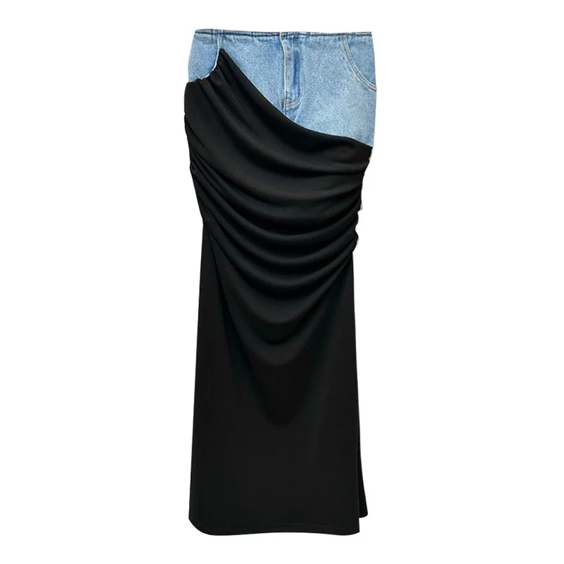 

Юбка женская джинсовая плиссированная асимметричная с высокой талией, облегающая, с эффектом пэчворк, весна 2023, в уличном стиле