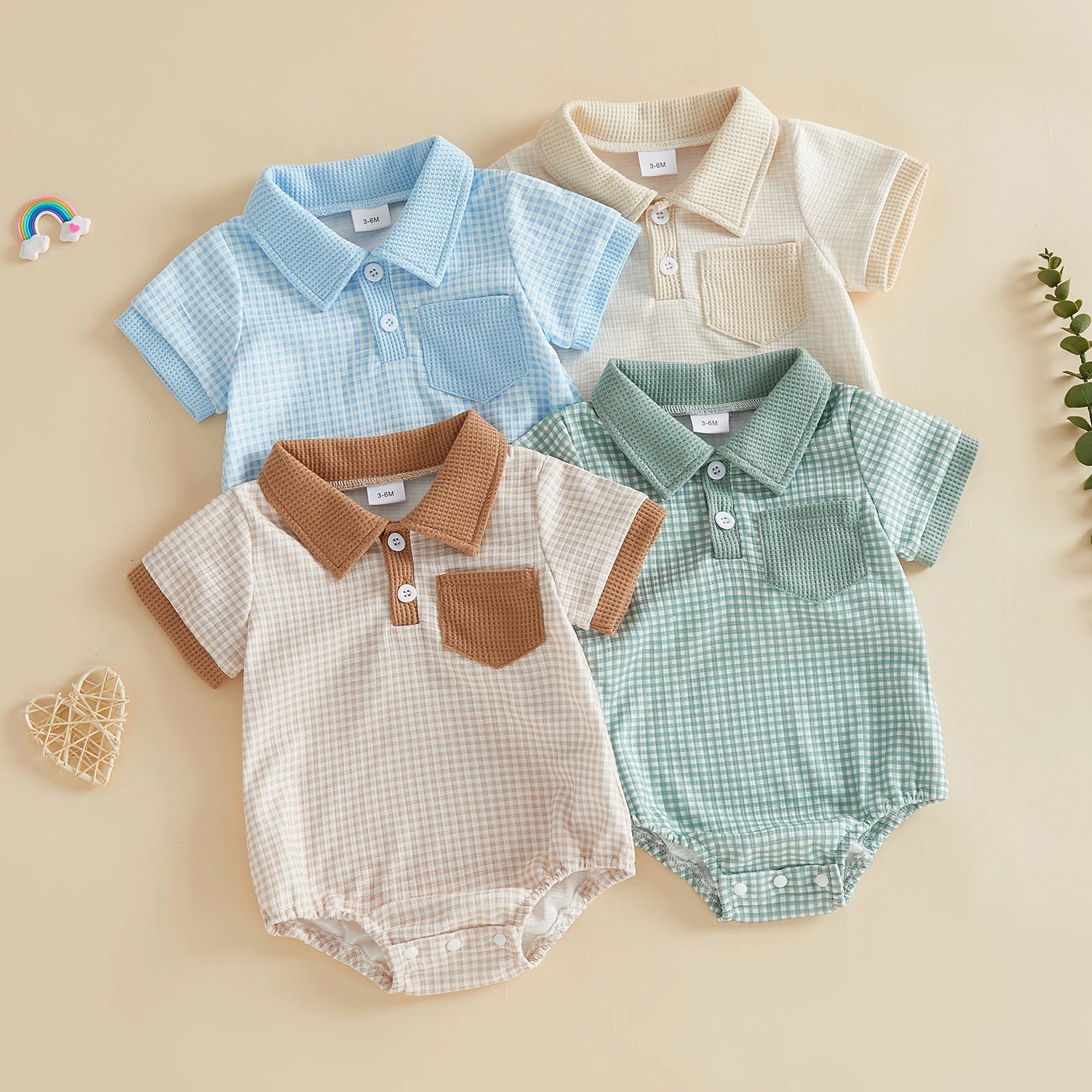 Baby Boy Summer Plaid Romper Fashionable Waffle Plaid Short Sleeve Turn Down Collar Bodysuits Jumpsuit