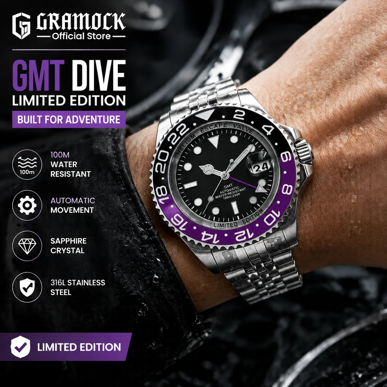 Black Purple GMT Diving Watch For Men 40mm 43mm Automatic Mechanical Waterproof Wristwatch Roating Bezel Sapphire Jubillee Band