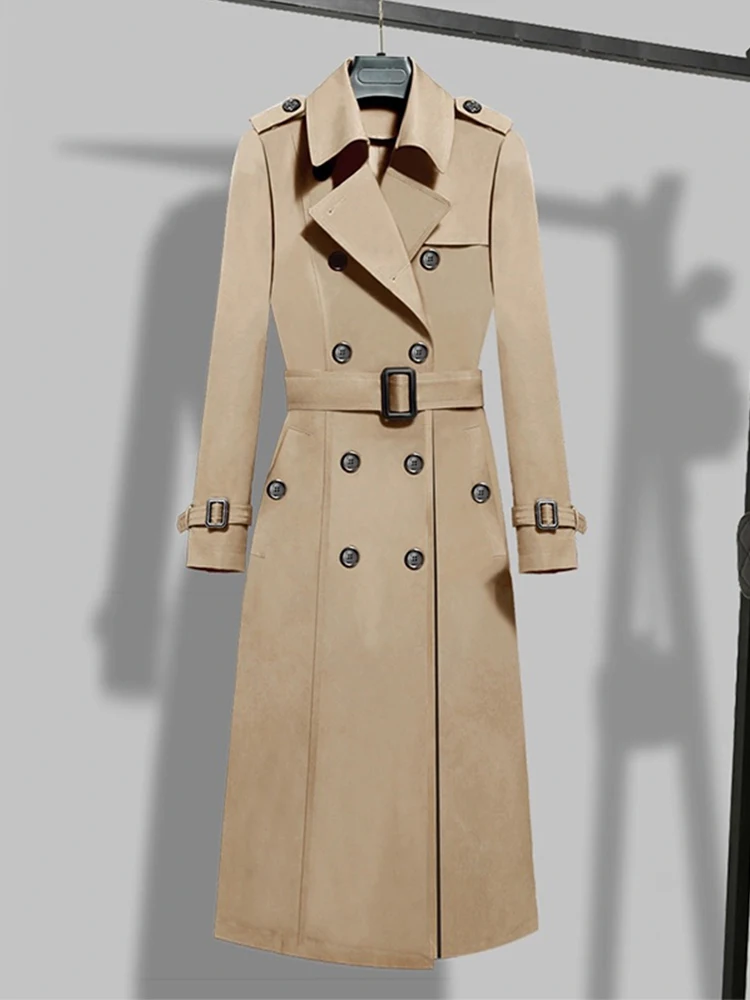 FTLZZ New Autumn Winter Women Vintage Turn-down Collar Double Breasted Long Trench Casual Ladies Slim Trench with Belt