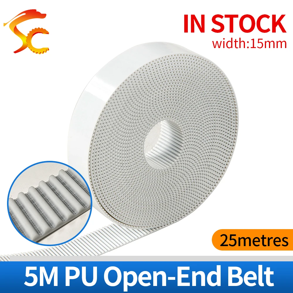 HTD 5M 15MM PU open belt 5M timing belt width 15mm 5M-15MM Polyurethane with steel core Color White (Pitch=5mm)