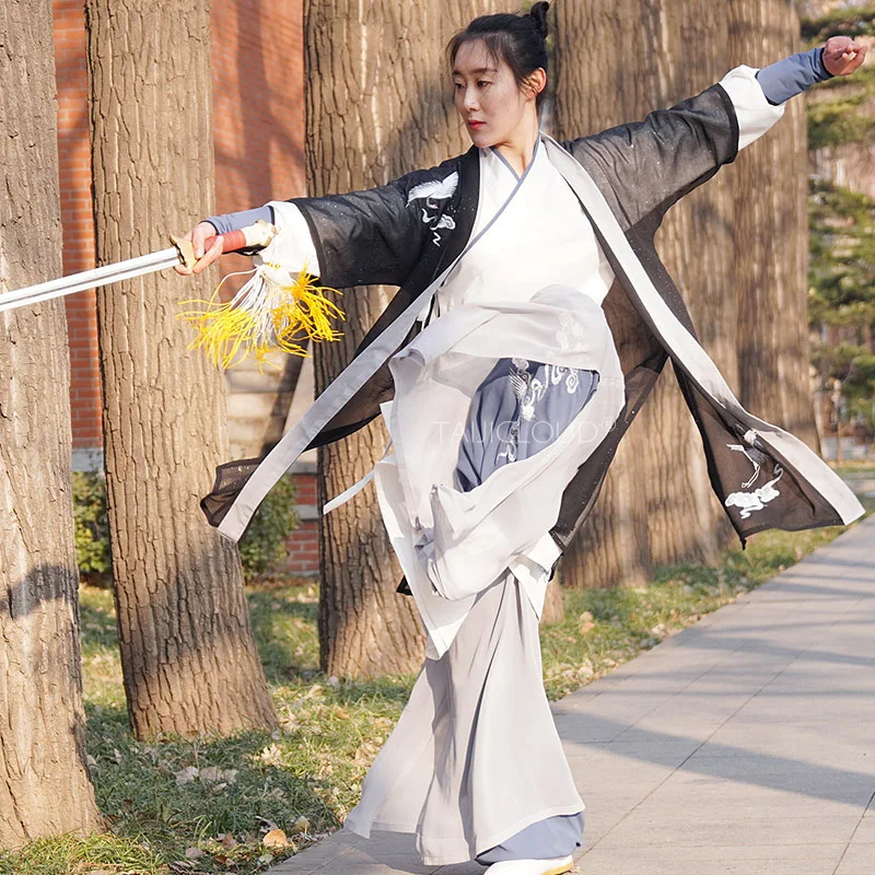Women's Long Tai Chi Uniform - Crane Embroidery Martial Arts Suit for Competition & Performance