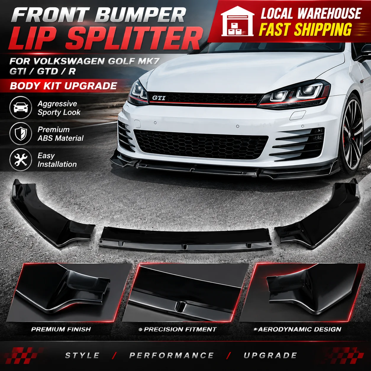 Auto-Frontstoßstange, Frontlippe, für Golf MK7 GTI, GTD, R, Karosserie-Kit-Modifikation, Frontstoßstangen-Modifikation, dreiteiliger Frontsplitter.