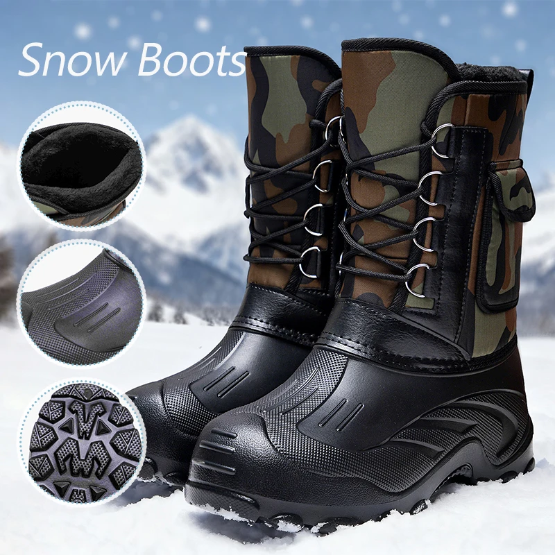 Waterproof for Men Winter Snow Boots Plush Lined High Top Mid Calf Anti Slip Outdoor Hiking Motorcycle Boots New