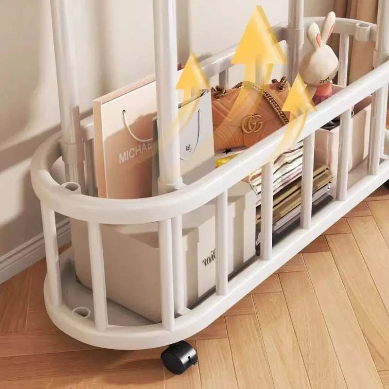 Cream White Double Rod Clothe Rack With Storage Basket Garment Hanger Stand With Rolling Wheels Side Hooks For Bedroom Organizer