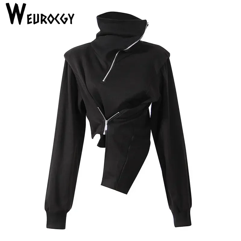 Loose Fit Oblique Zipper Irregular Sweatshirt 2023 Spring And Autumn New Turtleneck Long Sleeve Hem Reduce The Waist Women Tops