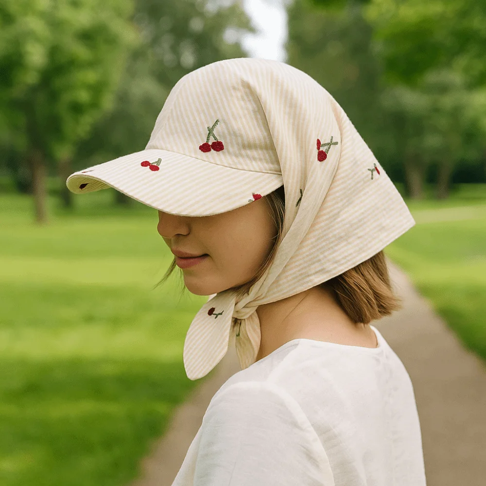 

Casual Plaid Headscarf Baseball Cap Korean Style Cherry Embroidered Sunscreen Beach Hats Sunscreen Sweet Peaked Cap Girl