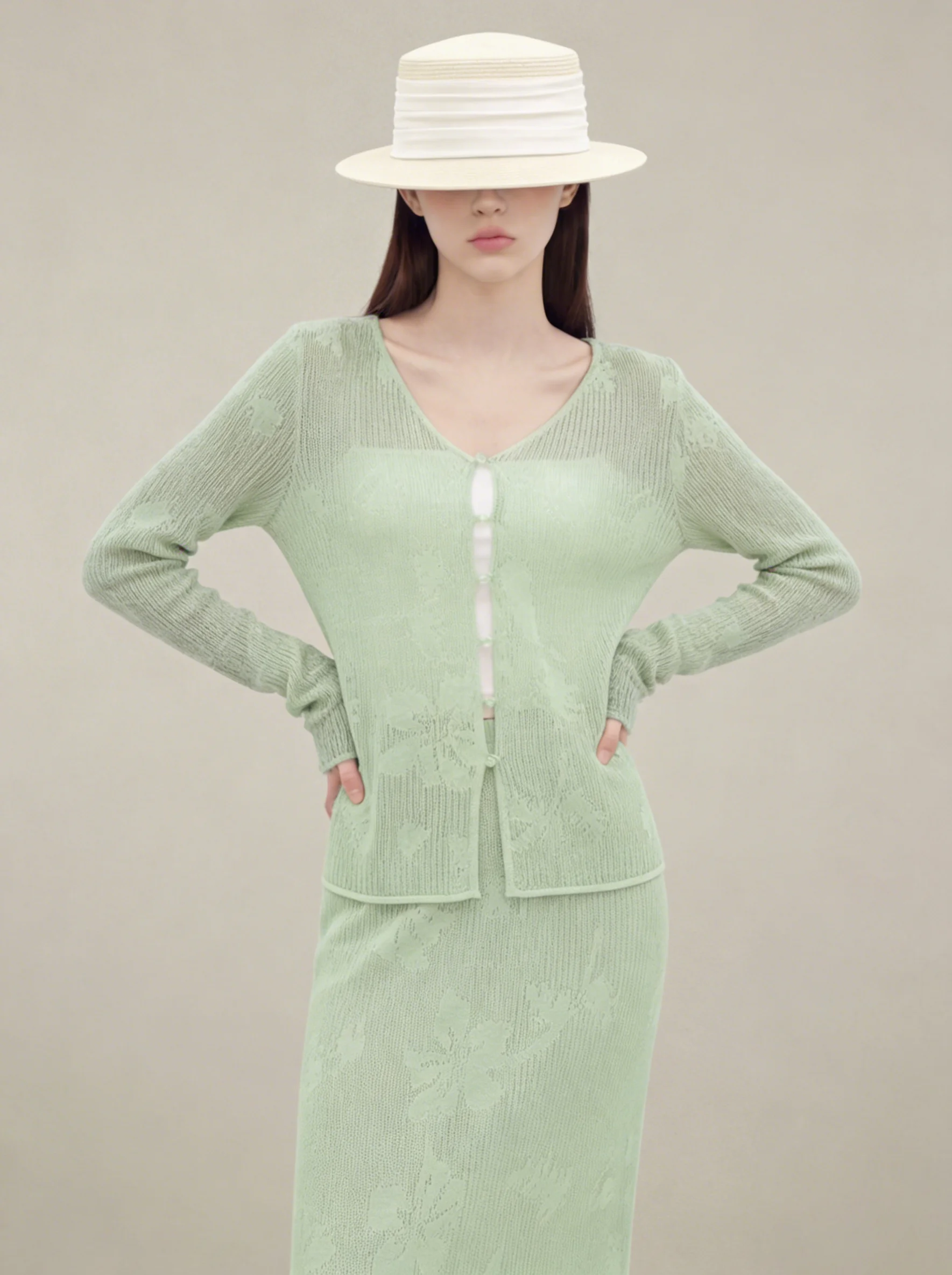 

Green Long Sleeve Knitted Open Cardigan And Skirt Set Casual Loose Style Spring Fashion Women's Ensemble High Waist Skirt