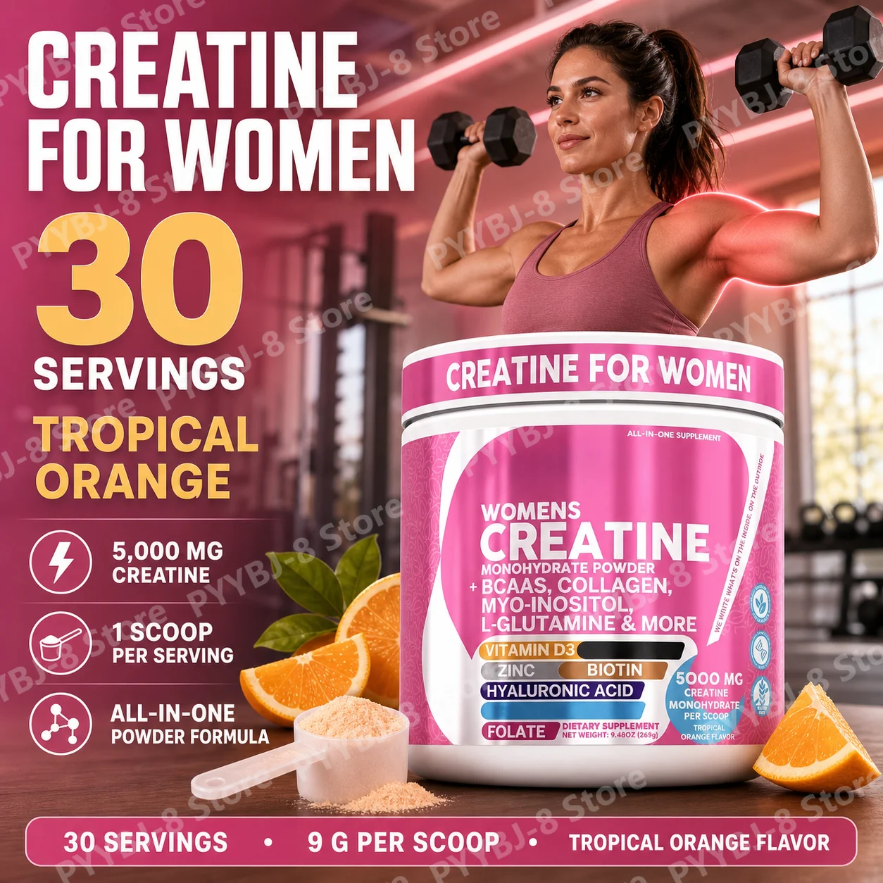 Women's Creatine Monohydrate Powder 5000mg, BCAA Multi-Collagen Biotin Vitamin D3 Tropical Orange Sports Nutrition 30 Servings