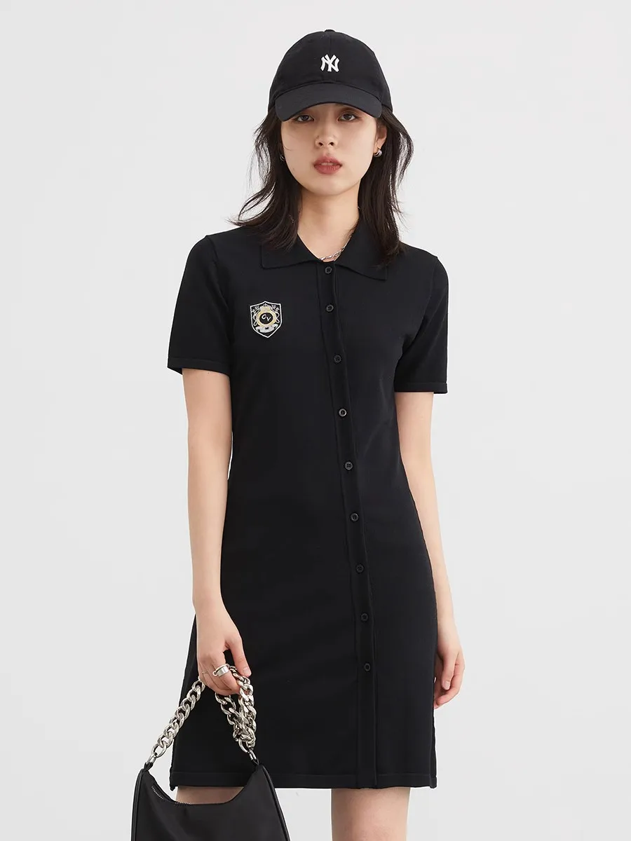 CHIC VEN Women's Dresses Diagonal Placket College Dress A Line High Waist Knitted Short Sleeve Mini Black Dress Summer 2023