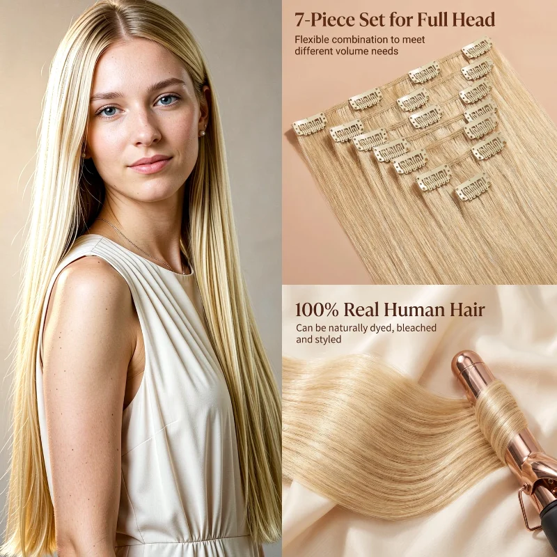 Extensions de cheveux 100% naturels à clips, 7 pièces, 12 pouces, cheveux raides # 4 P4-27 Transforme les cheveux fins en cheveux épais en gros