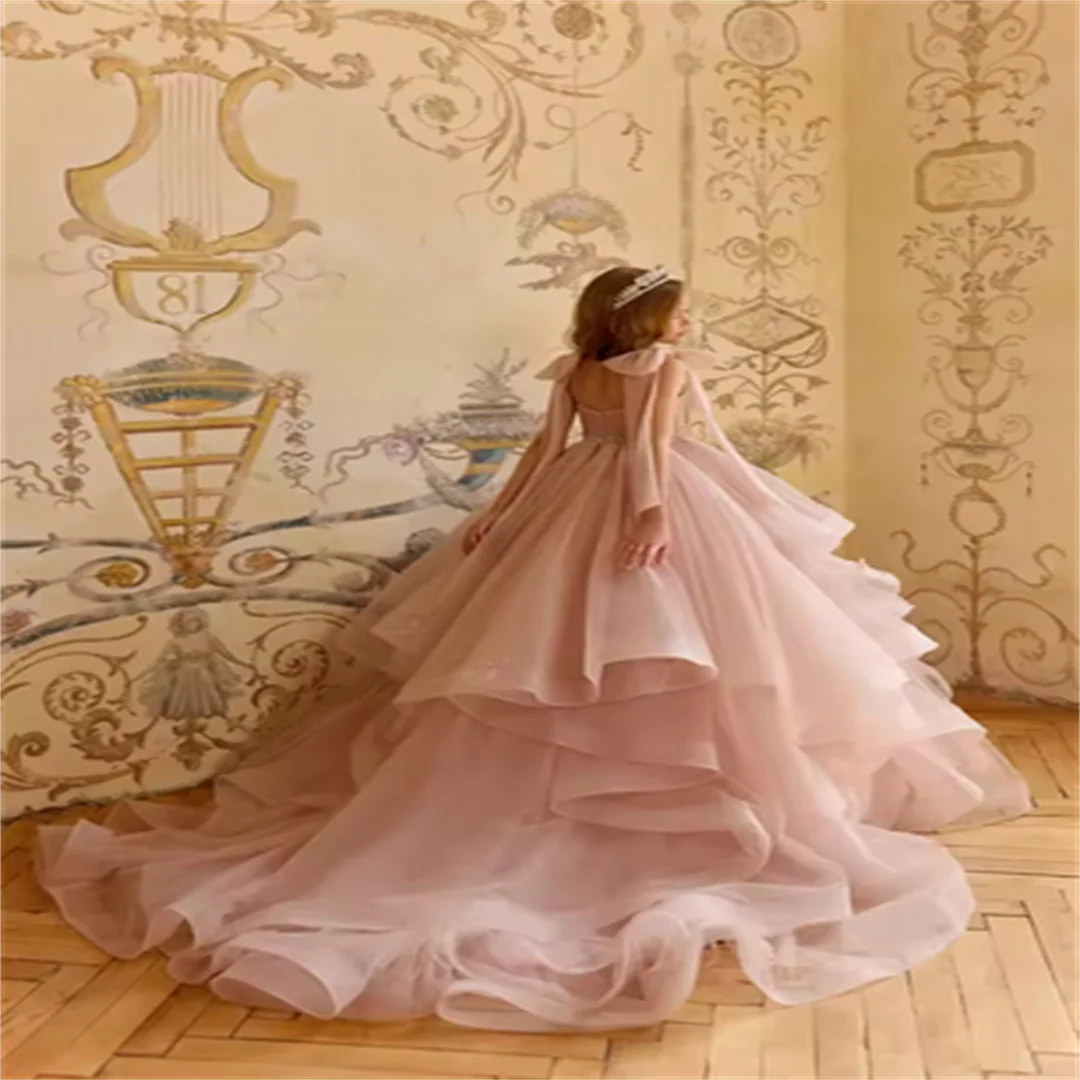 Vestido de niña de flores rosa personalizado, vestidos de princesa con volantes y cuentas hinchadas, vestidos de cumpleaños para niños, vestido de primera comunión personalizado