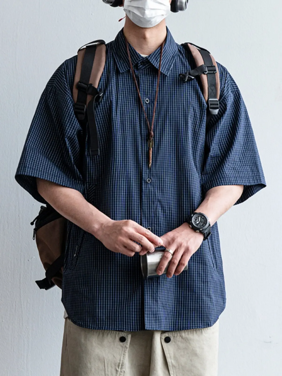

American Street Style Plaid Shirt Men's Casual Summer Outdoor Half Sleeve T-Shirt Loose Fit Youth Fashion Breathable Comfortable