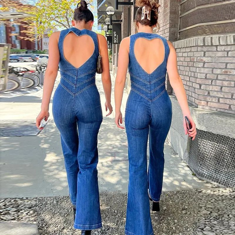 BoozRey Jumpsuit Bodycon potongan hati punggung terbuka untuk wanita pakaian One-Piece ramping tanpa lengan kasual Jumpsuit Denim Retro 2023 baru