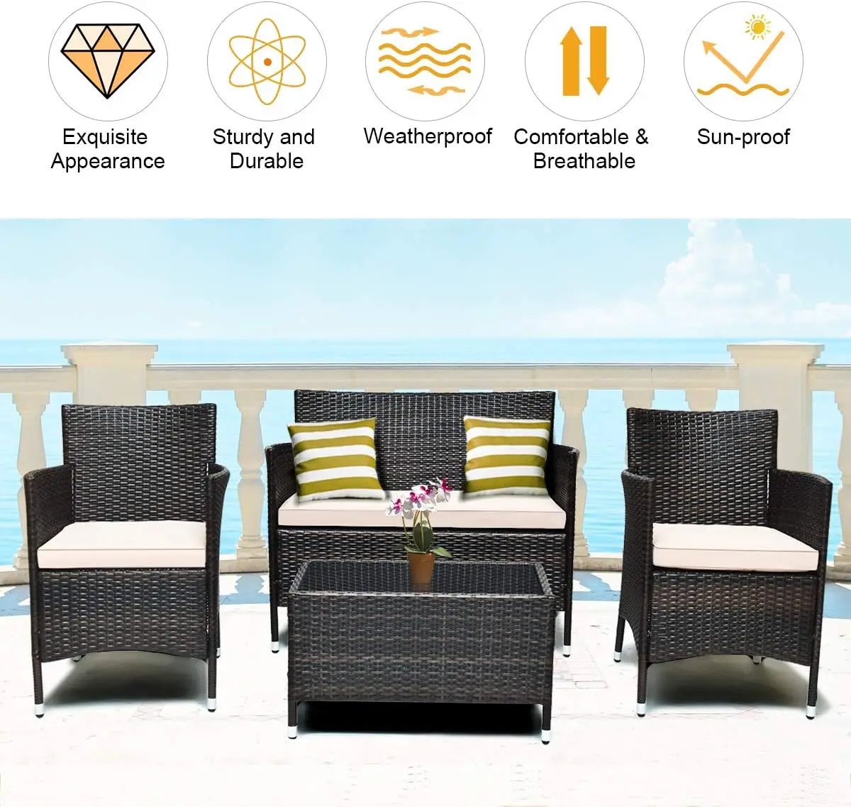 8PCS Patio Rattan Conversation Set, Outdoor Wicker Set with Tempered Glass Coffee Table &Thick Cushion, Rattan Chair Wicker Set