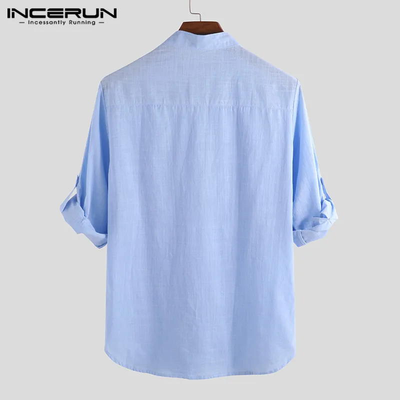 INCERUN Men\'s Shirt Solid Color 3/4 Sleeve Cotton Stand Collar Vintage Male Shirts Harajuku 2024 Streetwear Men Clothing S-5XL