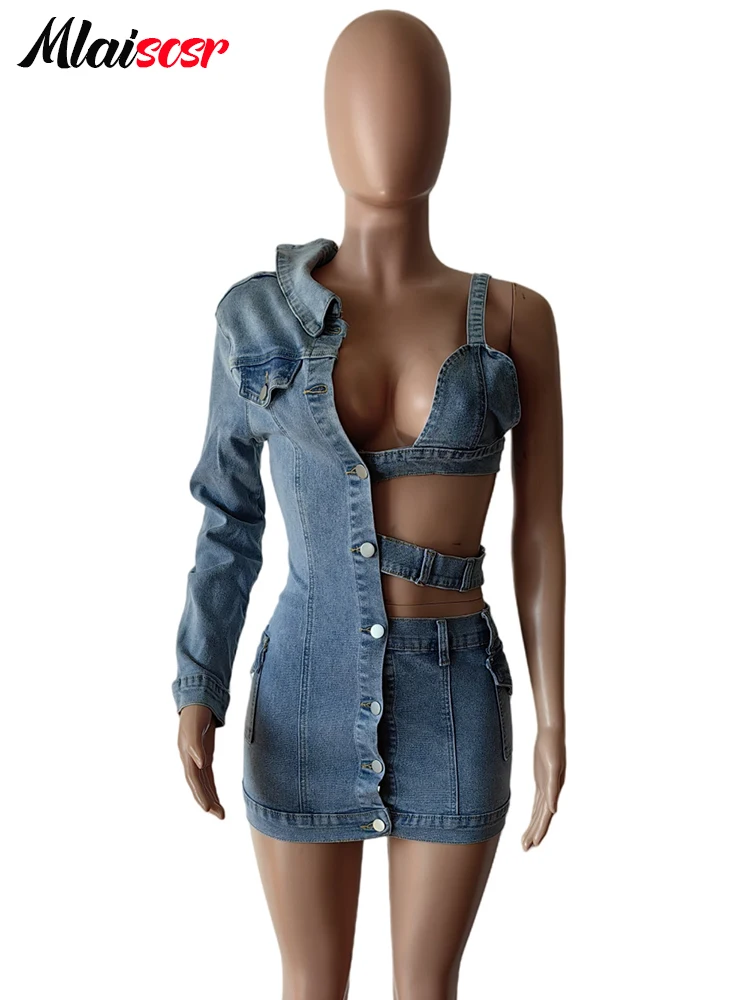 Mlaiscsr Blue Stretch Denim Backless One Shoulder Long Sleeve Mini Dress Women Sexy Night Club Cowboy Jean Birthday Party Outfit