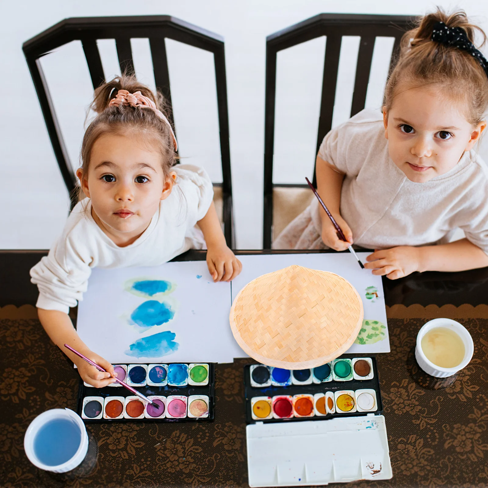 3Pcs 어린이 아시아 원뿔 모자 수제 밀짚 그림 태양 모자 DIY 동양 파티 코스프레 공연 액세서리 전통