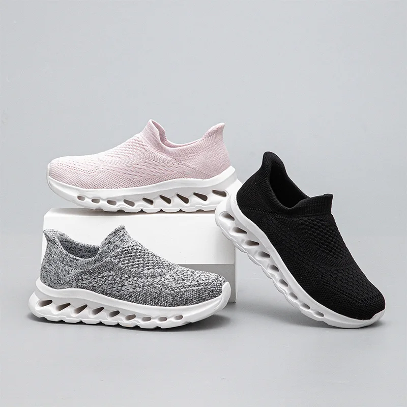 Kids Slip‑On Knit Sneakers Breathable Lightweight Upper Flexible Hollow Non‑Slip Sole Casual Shoes For Daily Outdoor Sports