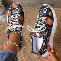 Women Sneakers 2024 New Popular Flat Bottom Round Head Lace Up Casual Shoes Halloween Pumpkin Pattern Low Top Women Sports Shoes