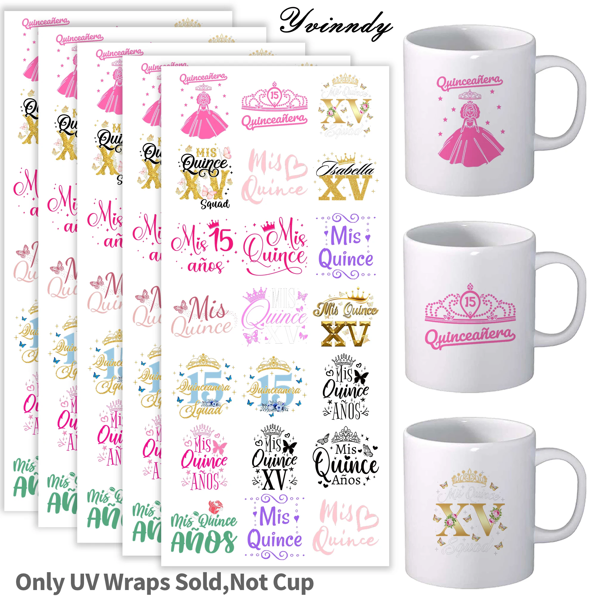 105Pcs/Set 15 Quinceanera Birthday Mis Quince Transfer Sticker DIY Craft Kits with Crystal Label 16oz Glass Jars Wrap Stickers
