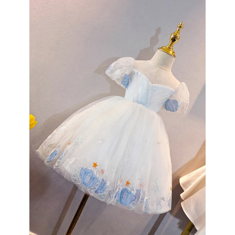 2-10Y Puff Sleeve Flower Girl Dress Exquisite Embroidery Formal Ball Gown Children Sequin Bow O-Neck Birthday Party Dresses