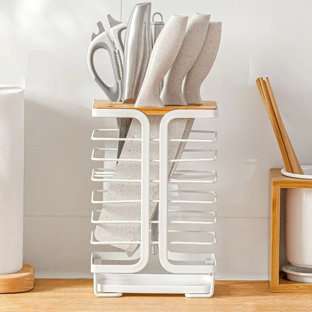 Multiple Slots Kitchen Cutter Holder with Drain Tray Ventilated Kitchen Cutter Organizer Metal Stable Cutter Storage Rack