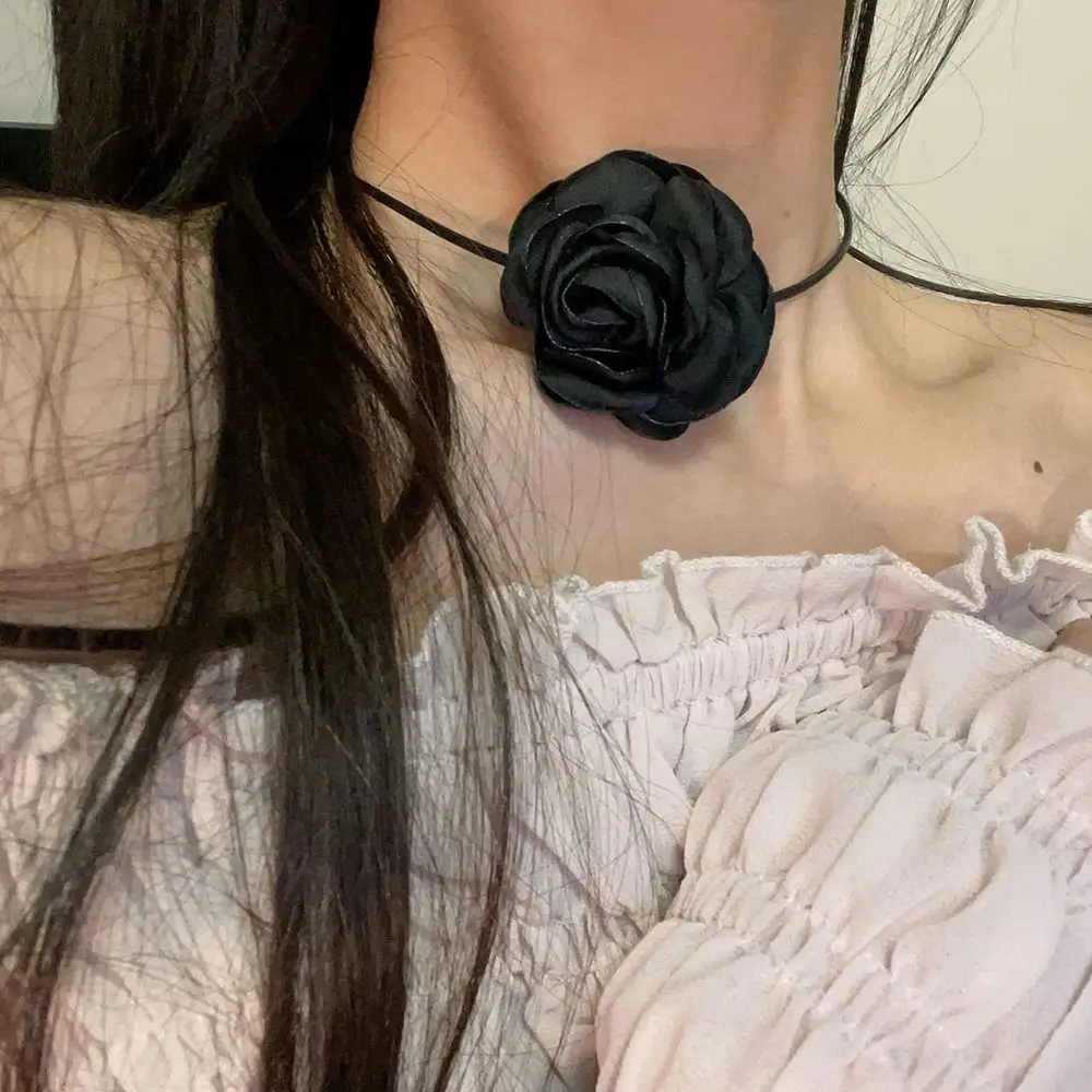 Long Rope Rose Flower Choker with Large Flower Neck Accessories Romantic Necklace Adjustable Wedding Necklace Women