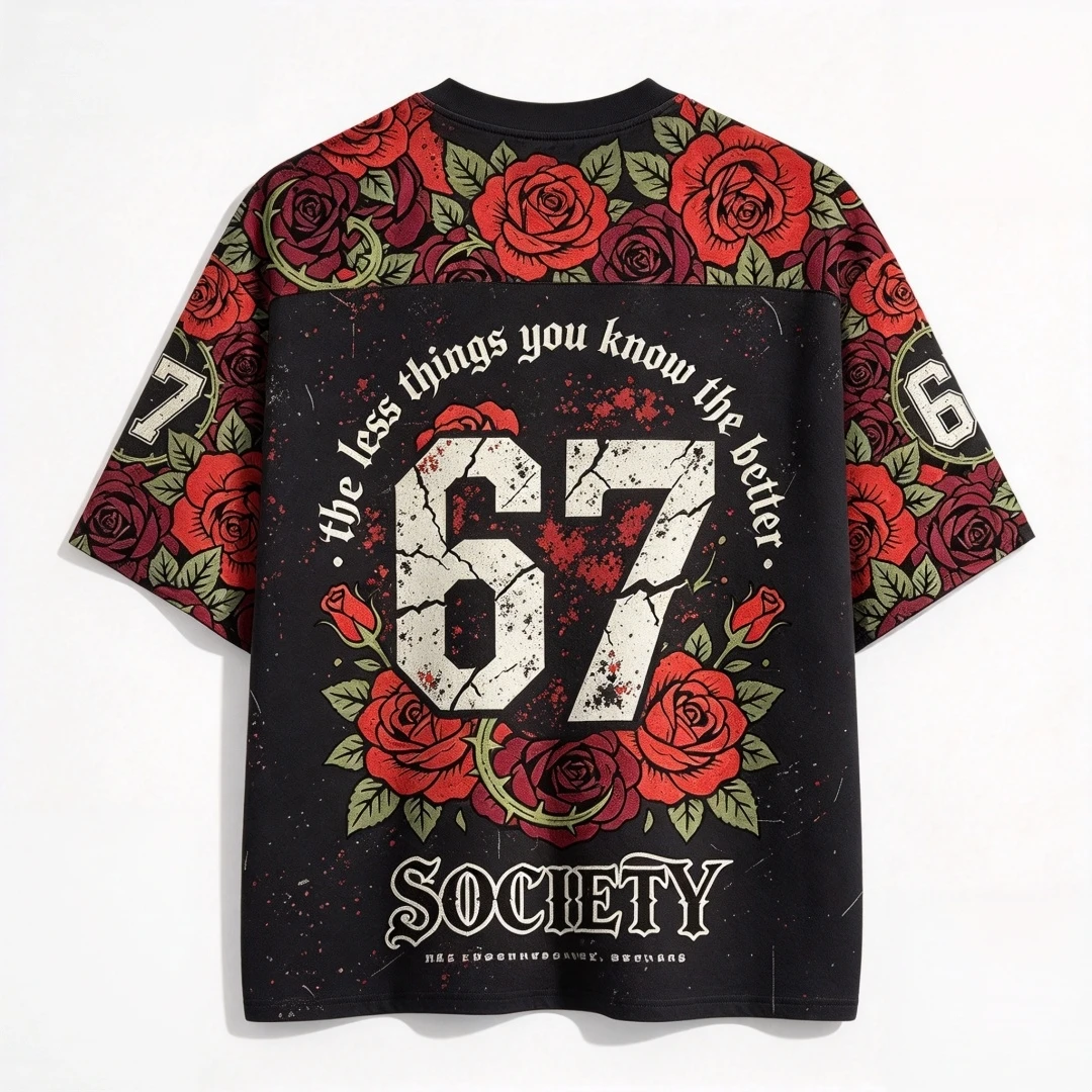 Retro Gothic Style Mesh Knit Shirt, Red Rose Skull Floral Print, V-neck Short Sleeved, Dark Punk Street Party T-shirt